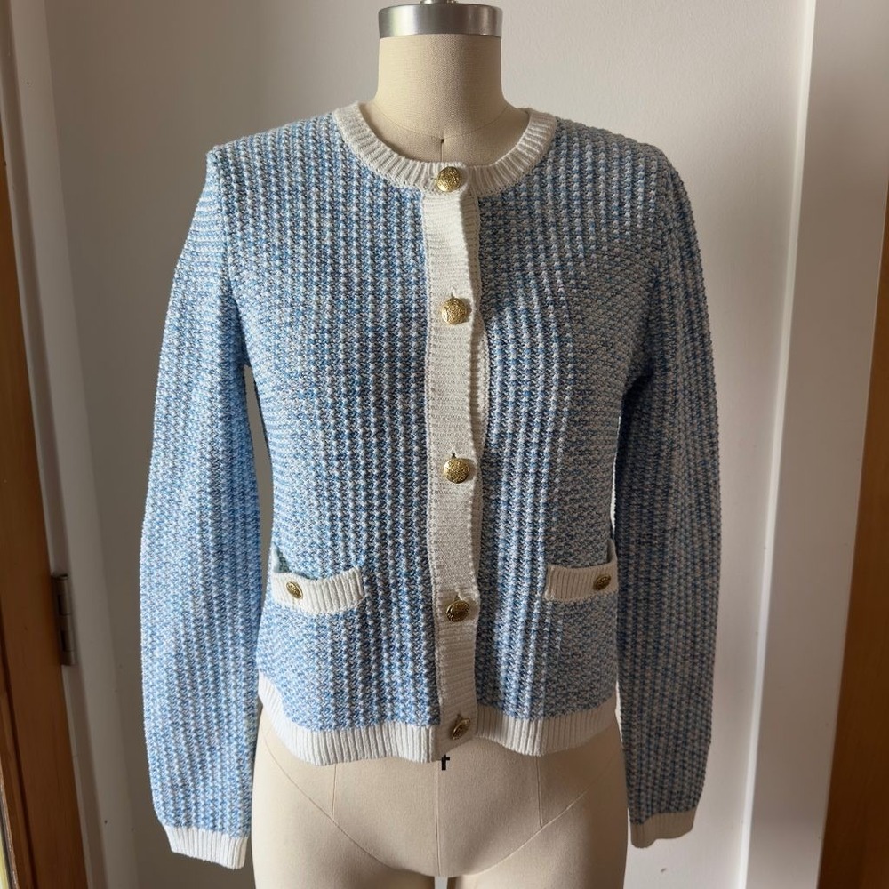 J.Crew Lady Jacket Cardigan Sweater XS Blue White Gold Buttons Tweed Knit